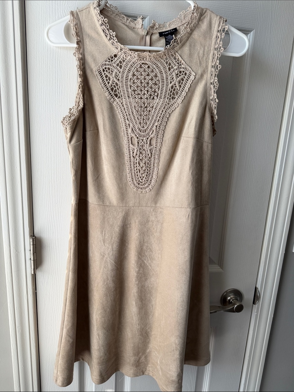 Rue21 Beige/Taupe Suede-Look Crochet Yoke Sleeveless A-Line Dress